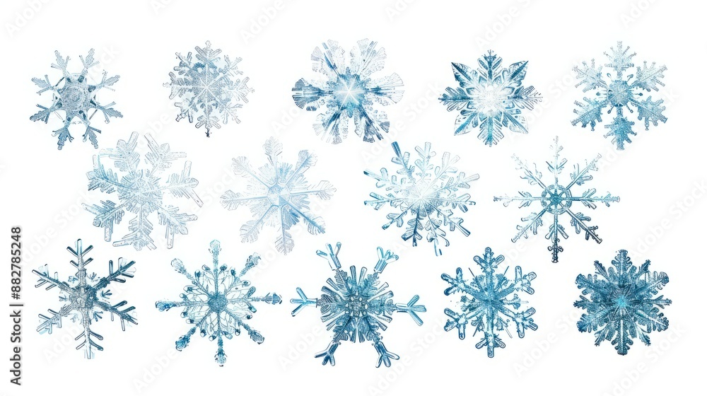 Poster set of different snowflakes isolated on white background. macro photo of real snow crystals. generat