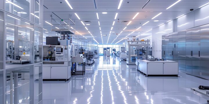 Modern semiconductor fabrication facility, with advanced machinery and cleanroom protocols.