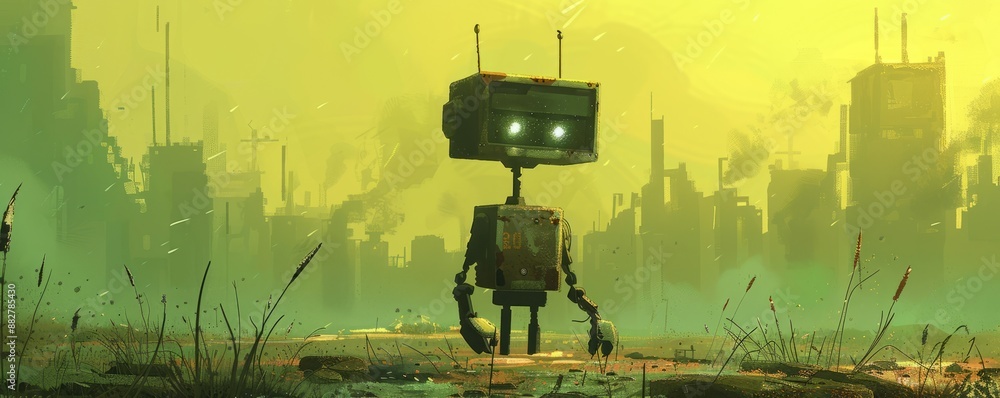 Poster a robot exploring a desolate alien world, its curiosity and resilience guiding its path.