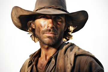 Fototapeta premium Cowboy on a white background. History of america. History of cowboys, first ranch. Farmer Australia. Portrait of a cowboy. 