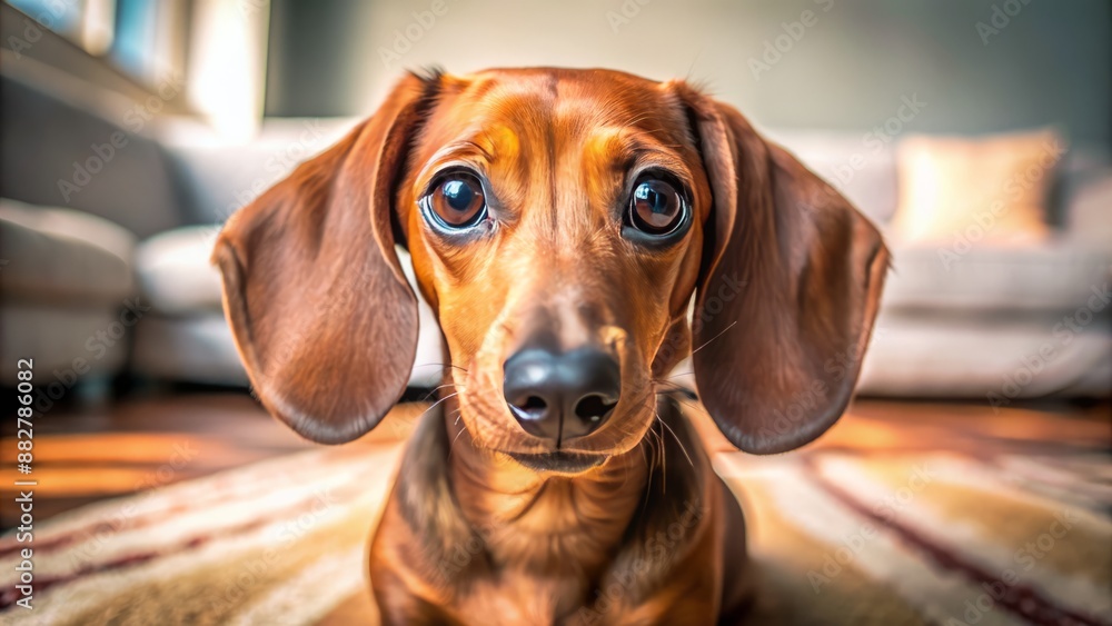 Wall mural adorable brown dachshund with big brown eyes and floppy ears looks directly at camera with curiosity