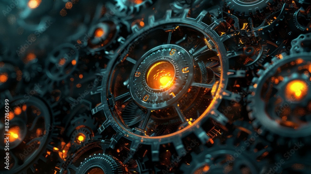 Aufkleber glowing gears - abstract machine design. closeup of intricate machine gears with glowing details. pe