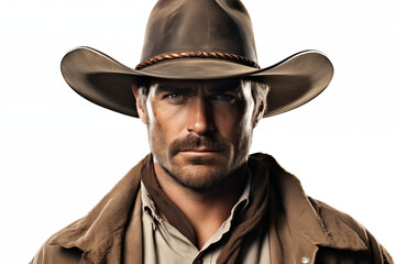 Fototapeta premium Cowboy on a white background. History of america. History of cowboys, first ranch. Farmer Australia. Portrait of a cowboy. 