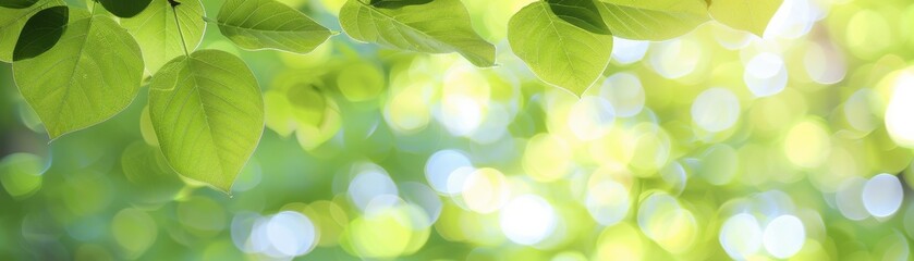 Obraz premium Vibrant green leaves with a beautiful bokeh background, perfect for nature-themed designs, presentations, and creative projects.