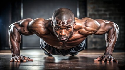 Black african american athlete doing a push up at gym