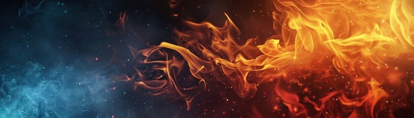 Abstract illustration of fire and ice colliding, with vibrant blue and orange hues. © VS