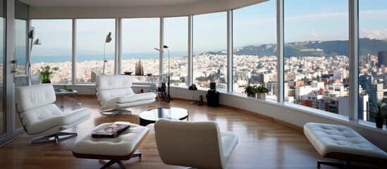 Fototapeta premium Modern Living Room with Panoramic City View
