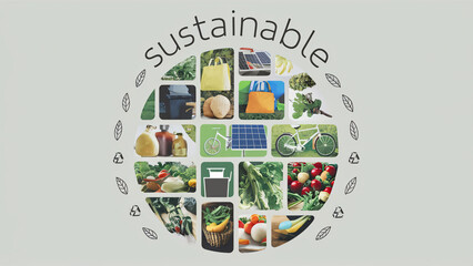 Collage of sustainable living elements, including reusable bags, solar panels, bicycles, and fresh produce, with the word "sustainable" at the top. Ideal for promoting eco-friendly lifestyles and envi