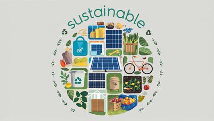 Illustrated collage of sustainability concepts, including solar panels, bicycles, composting, and fresh produce, with the word "sustainable" above. Great for advertising eco-friendly practices and gre
