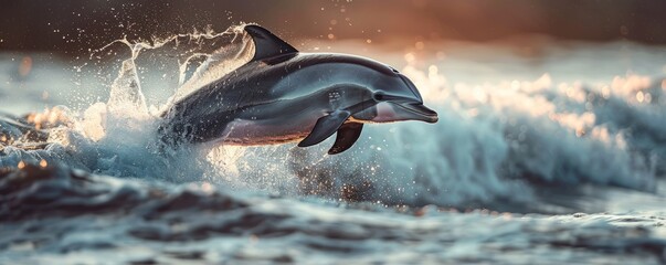 A playful dolphin leaping out of the ocean waves.