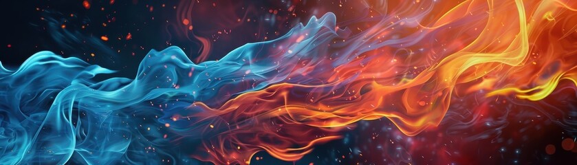 Fototapeta premium Abstract illustration of blue and orange flames with glowing embers against a black background