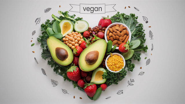 Heart-shaped collection of vegan foods, including avocados, strawberries, almonds, chickpeas, and leafy greens, with "Vegan" banner above. Great for illustrating healthy vegan eating and plant-based n