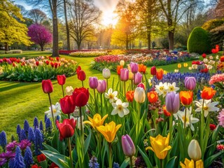 Vibrant spring garden with lush green lawn showcasing a stunning mix of blooming tulips, daffodils, hyacinths, and other flowers in a kaleidoscope of colors.