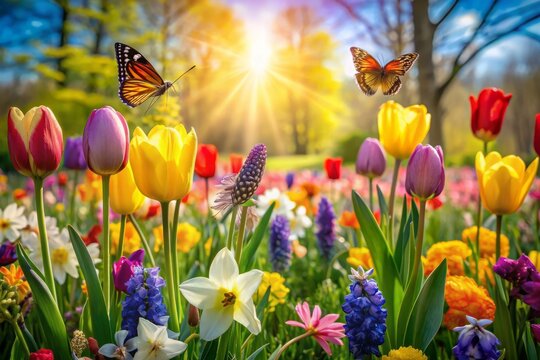 Vibrant colorful flowers including tulips, daffodils, and hyacinths bloom in a lush green garden surrounded by fluttering butterflies on a sunny spring day.