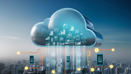 A large digital cloud hovers over a cityscape, representing cloud computing. The cloud is filled with various data icons and charts, symbolizing data storage and analytics. Orange lines connect the cl