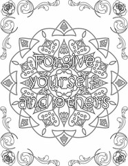 Obraz premium Printable mandala coloring page for kids and adults with motivational quote for self love and self care. it helps to succeed and struggle against life to enjoy the tough journey 