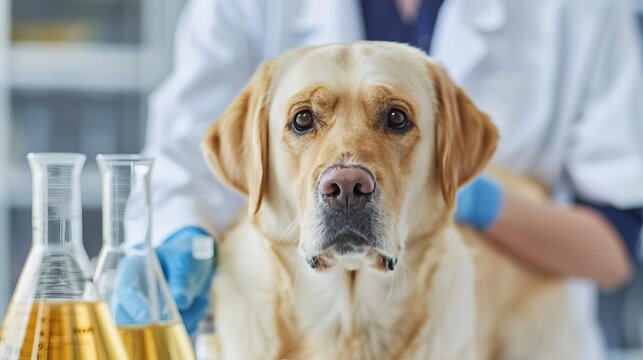 Labrador retriever with a lab technician, undergoing behavioral tests in a therapy session, dog testing, therapy, animal healthcare