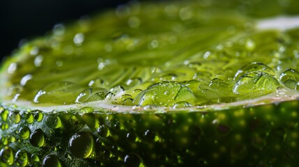 Fototapeta premium Detailed macro shot of a fresh, juicy lime slice with vibrant green color and glistening droplets of water.