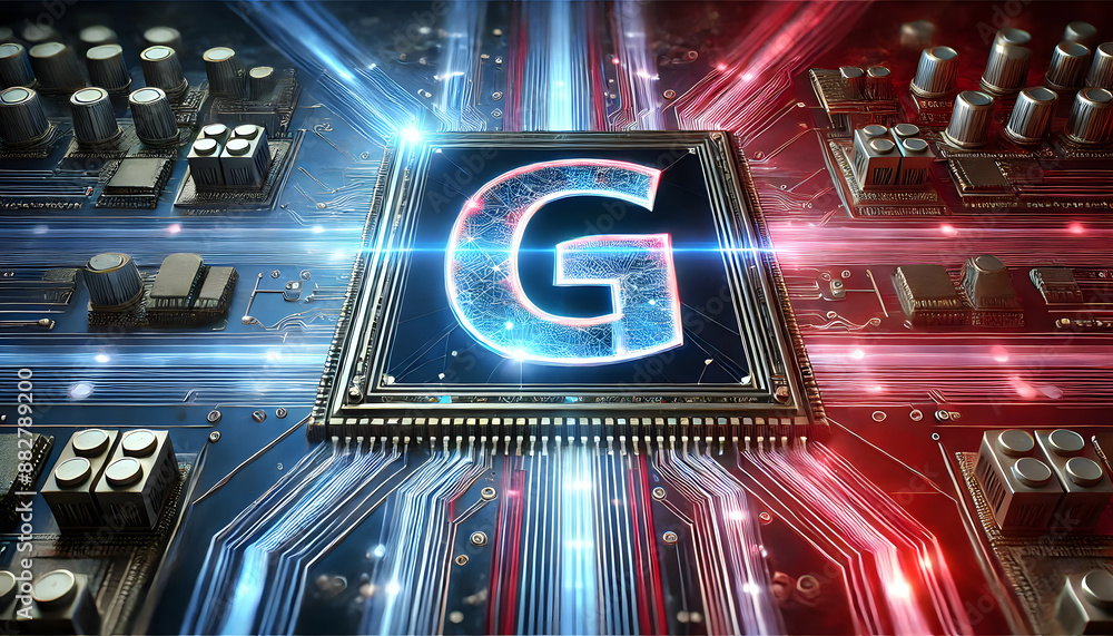 Poster glowing digital processor chip on futuristic circuit board background