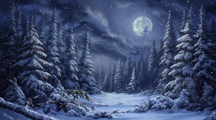 winter night landscape. snowy forest and fir branches.