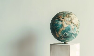 A globe stands upright in the middle of a white background