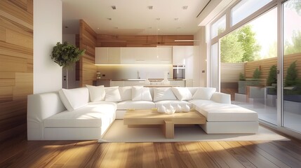 Fototapeta premium Bright and Airy Modern Living Room with Comfortable Furniture and Scenic Window View