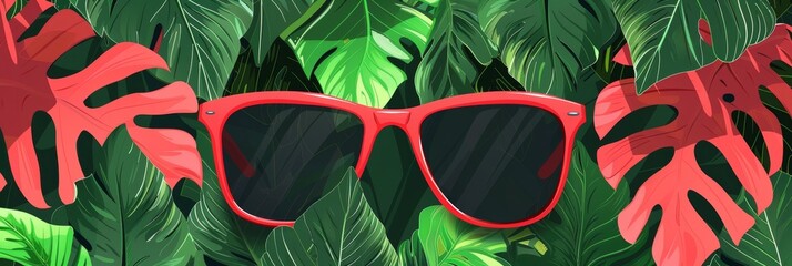 Red sunglasses on a tropical background of monstera leaves, travel blog banner backdrop