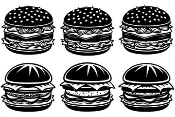 A set of bunches of burgers, silhouette linocut vector art illustration 