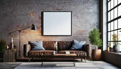 Loft Living: Industrial Style Frame Mockup in Modern Living Room - 3D Render"