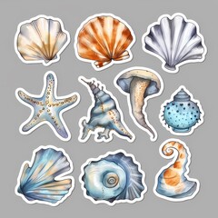 Nautical-themed stickers with starfish, shells, and bottles, showcasing whimsical ocean illustrations