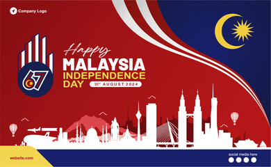Happy Anniversary of 67th Malaysia Independence Day called Hari Merdeka 2024.  Banner, Background, Greeting card, Poster and Social Media Feed. Vector Illustration