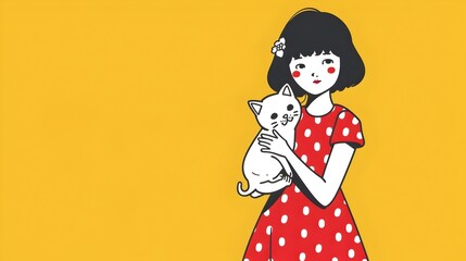 Cheerful Girl Holding Her Beloved Cat in Polka Dot Dress