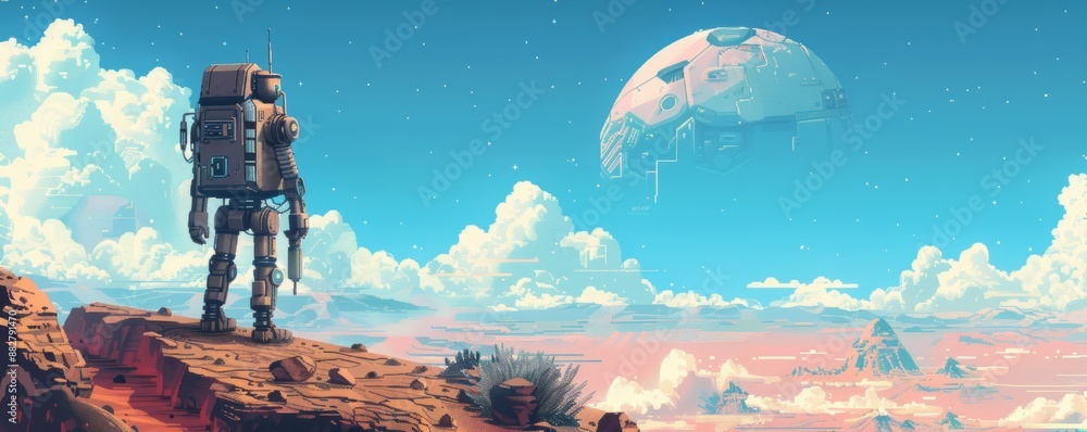Poster a pixel art rendition of a retro-futuristic robot exploring a desolate planet, its pixelated form co