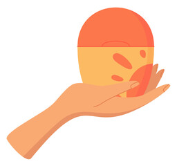 Hand holds sunscreen lotion tube sticker, creative sunscreen cream product, flat skin protection moisturizer container, vector sunblock lotion bottle, cartoon spf oil tube,