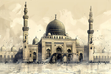 watercolor painting sketch of a green mosque with a green dome, prophet mosque in medina, 