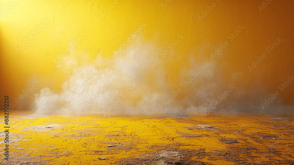 Aufkleber an intense burst of yellow dust clouds in an empty room with textured walls, creating a dynamic and 