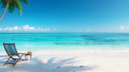 Minimalist tropical landscape with a wooden chair on a white dans beach under a palm tree, turquoise water