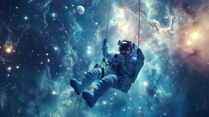 Fototapeta premium Astronaut swinging in space. An astronaut on a swing set in a cosmic setting, surrounded by stars and galaxies.