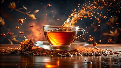 Elegant glass cup of tea with a dynamic splash of amber liquid