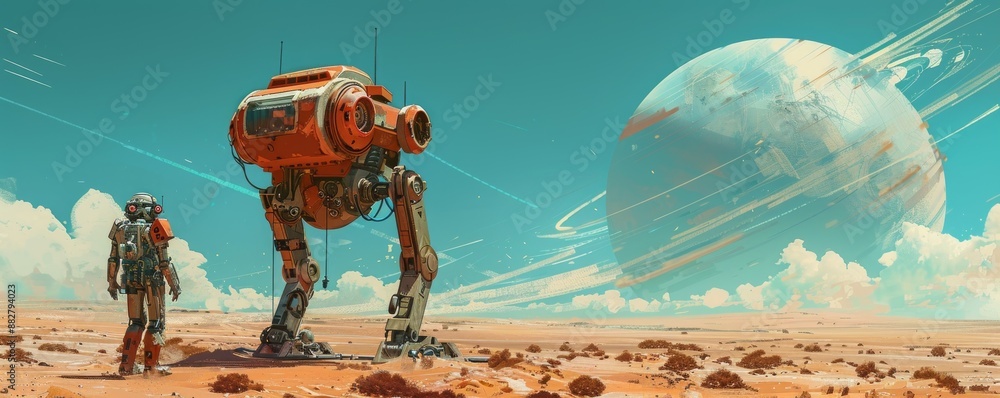 Aufkleber retro-futuristic robot exploring desolate planet with pixelated form