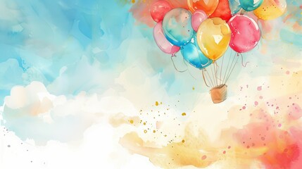 Fototapeta premium Girl dreams of flying balloon. Watercolor painting of a young girl with her arms outstretched, dreaming of flying with colorful balloons.