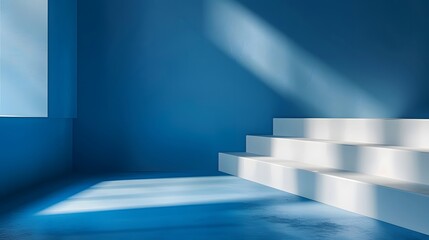 Obraz premium Minimalist Blue Room with Sunlit White Stairs