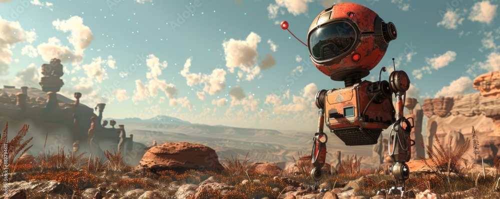 Poster a robot exploring a desolate alien world.