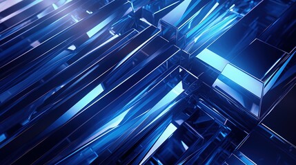 Blue geometric shapes form an abstract background pattern