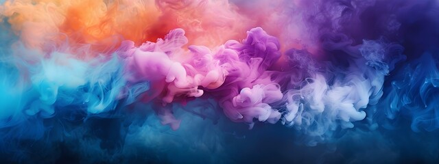 Fototapeta premium Colorful smoke explosion on a dark background, colorful clouds in water, colorful paint and ink, pink, blue, purple, orange and yellow, red, colorful foggy clouds of powder and dust, paint drops