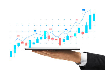 Hand holding a tablet showing a colorful stock market chart on a white background, representing...