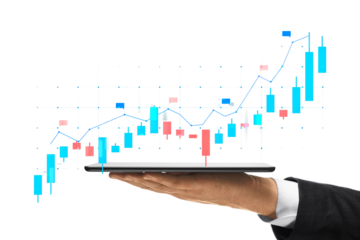 Hand holding a tablet showing a colorful stock market chart on a white background, representing financial analysis