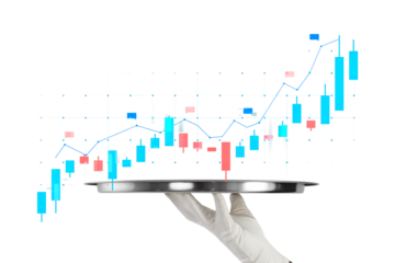A hand in a white glove holding a silver platter with a stock market graph, isolated on a white background, concept of financial analysis