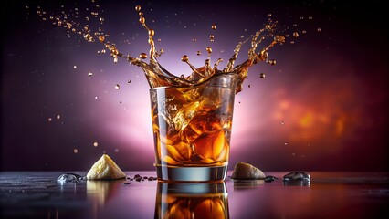 Whiskey glass with ice cubes and lemon wedges with a splash