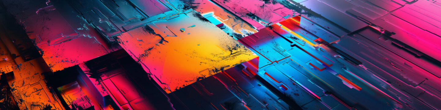 Modern trendy cyberpunk neon colors hi-tech geometric abstract background. High quality ultra wide art header social media post graphic element, banner, print, texture wallpaper. Generative Ai content